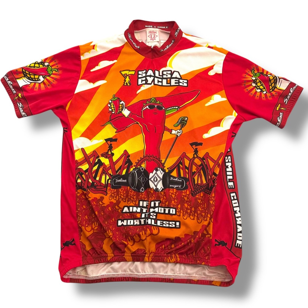 Salsa Cycles VTG Men's XL Red Chili Pepper Graphic Short Sleeve Cycling‎ Jersey
